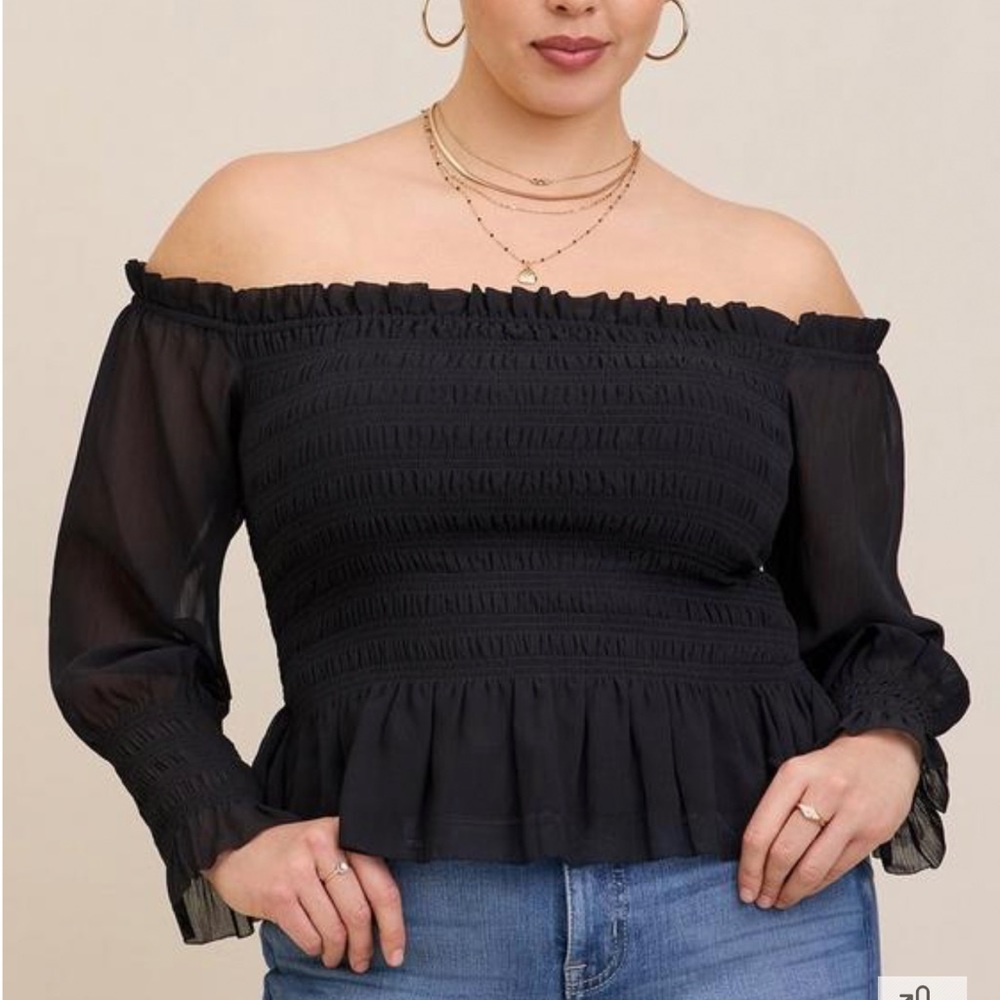 New Torrid Womens 3X Black Chiffon Off Shoulder Peplum Top Blouse Long Sleeve